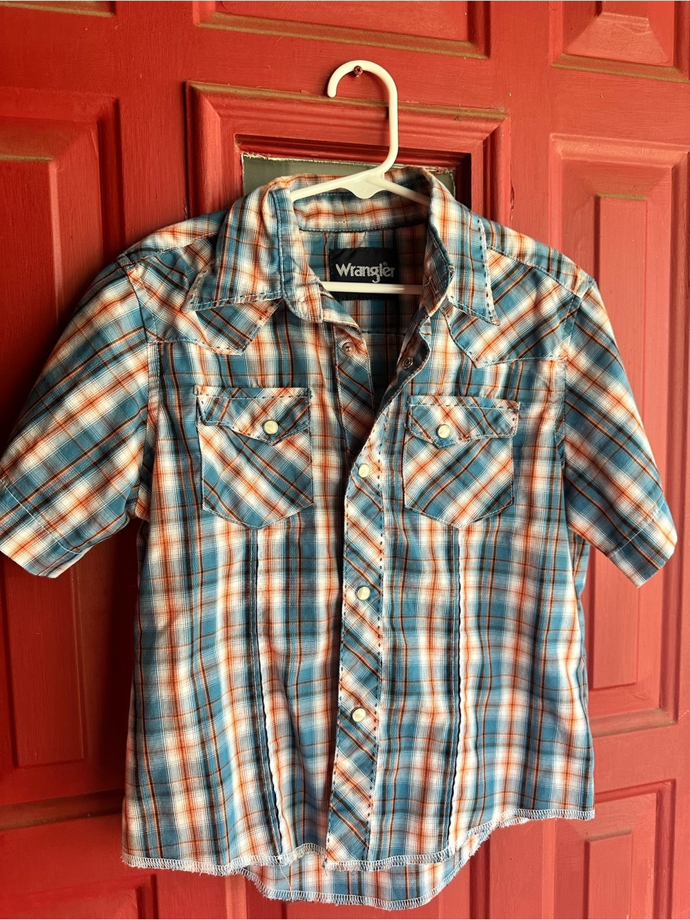 Wrangler Boys Plaid Button-Down Shirt in Blue and Orange